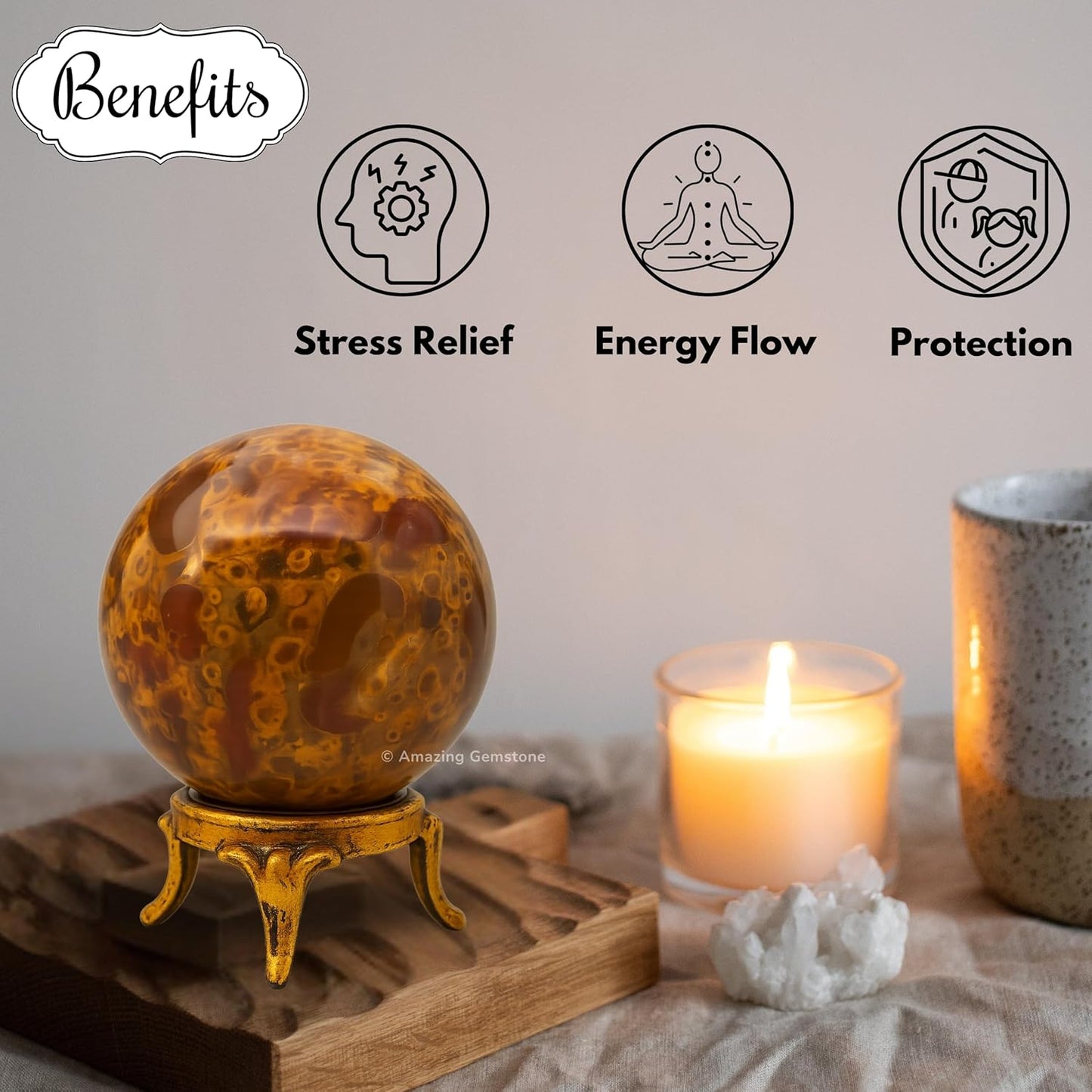 Amazing Gemstone Fruit Jasper Crystal Ball with Stand - 2 Inches Crystal Sphere Meditation Balls for Witchcraft and Decorative Balls