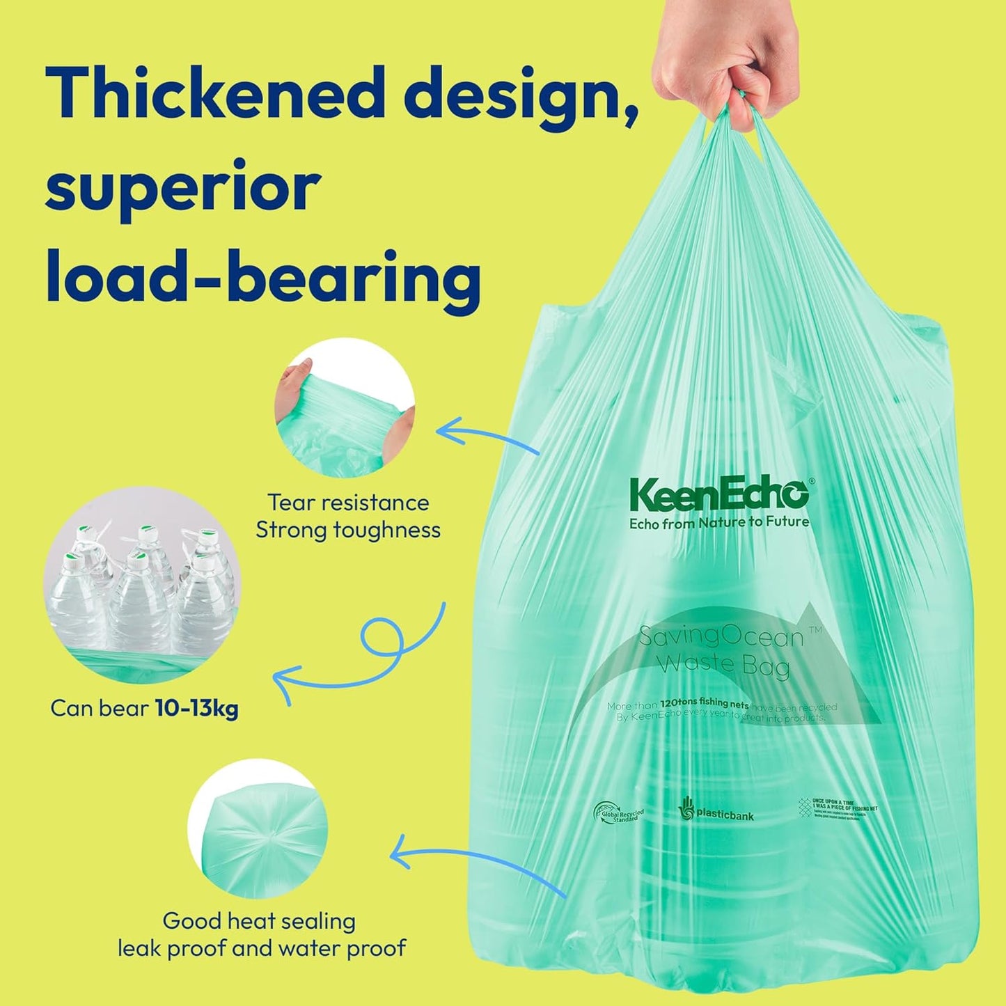 6 Gallon 200 Counts Small Green Trash Bags with Handle, Ocean Fishing Nets Upcycling, Sage & Sea Salt Scented, Plastic Garbage Bags, Waste Bag for Kitchen, Bathroom, Office and Pets
