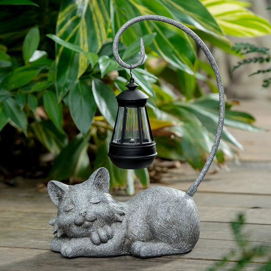 Outdoor Cat Figurine Garden Statue with Solar-Powered LED Light 13.77 Inches Tall Gift Garden Statue Decor for Cat Lovers Marbled