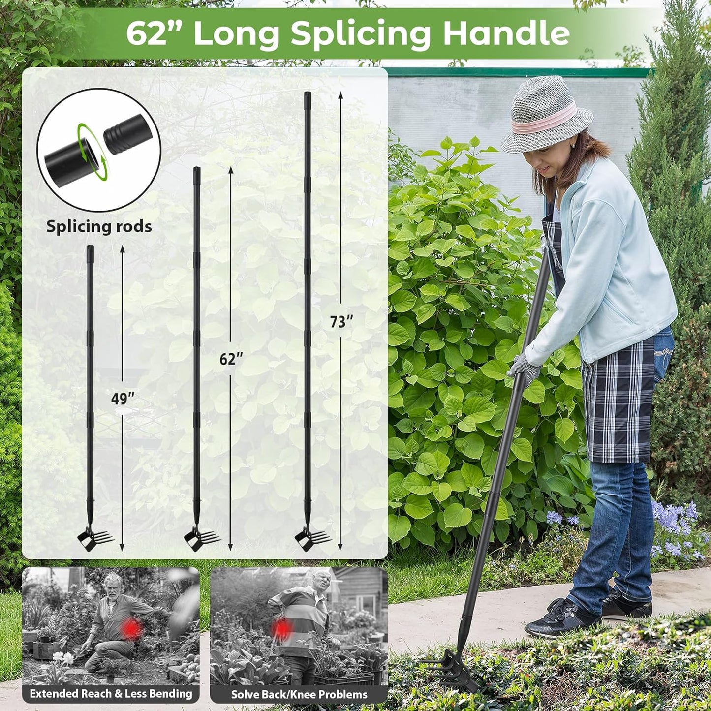 Garden Hoe, 2 in 1 Heavy Duty Stirrup Hoe and Cultivator for Weeding, Sharp Blade, 76 inch Long Handle, Lightweight Stand Push-Pull Hula Hoes Weeding Rake for Grass Removal, Aerating, Cultivating
