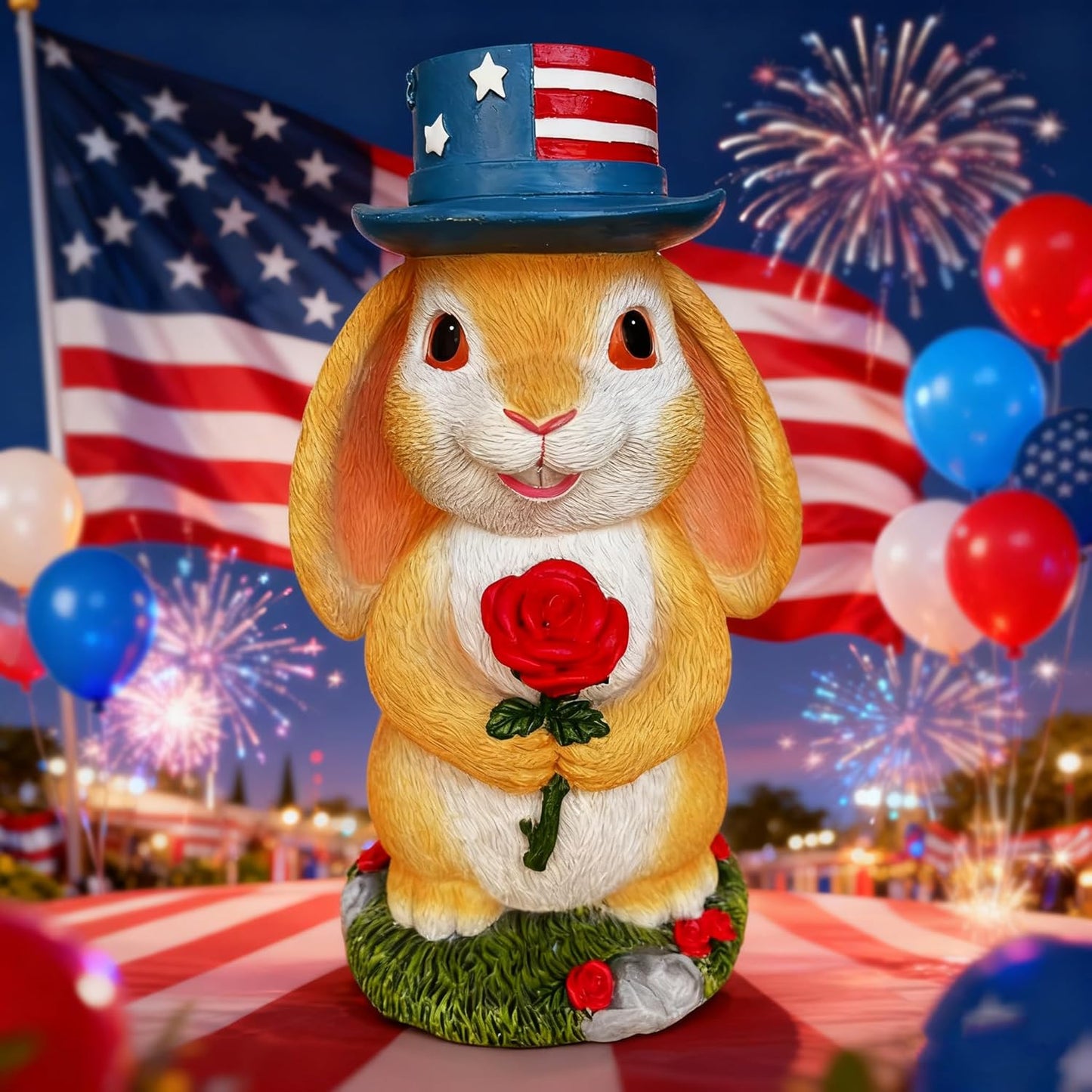 Funny Garden Handheld Rose Rabbit Statue - Resin Outdoor Decor for Yard, Patio,Lawn - Whimsical Bunny Sculpture Gift for Garden Lovers