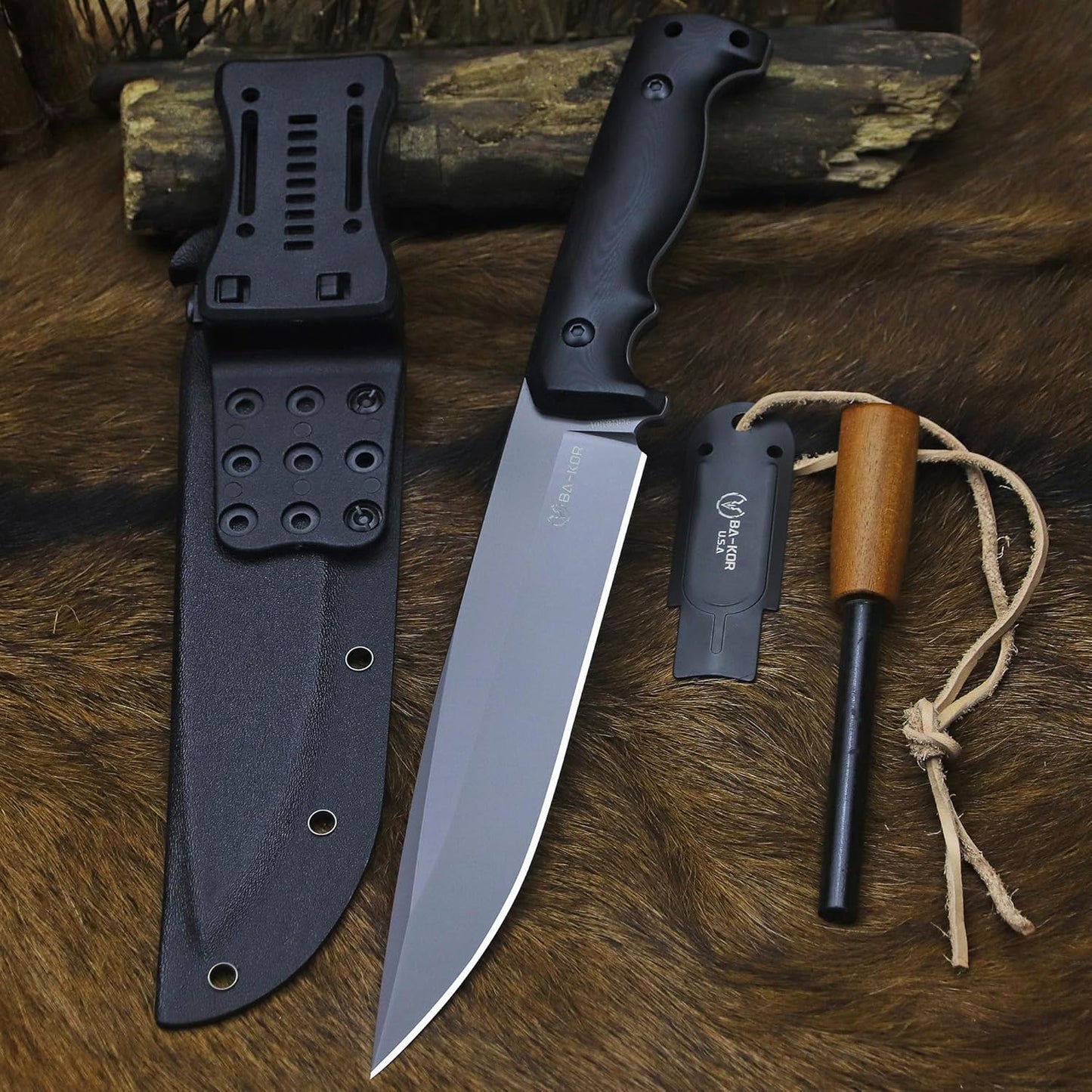 BA-KOR 5mm (9CR18MOV) steel 12.4" full tang hunting knife+K sheathing &5.9" cerium igniter Suitable for outdoor hunting, camping, wilderness survival, outdoor rescue, barbecuing, fishing, and as a gift