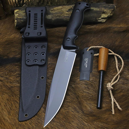 BA-KOR 5mm (9CR18MOV) steel 12.4" full tang hunting knife+K sheathing &5.9" cerium igniter Suitable for outdoor hunting, camping, wilderness survival, outdoor rescue, barbecuing, fishing, and as a gift