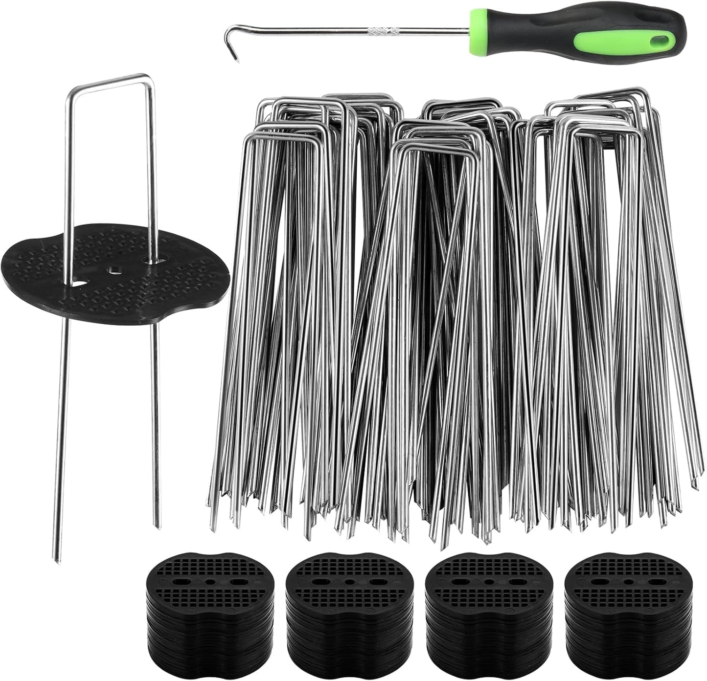 100pcs Garden Stakes Staples+100pcs Gasket, 6Inch 11 Gauge Galvanized Landscape Staples, Lawn Spikes,Heavy Duty Yard Ground Pin for Grass Weed Barrier Sod Fabric,Cover,Fence