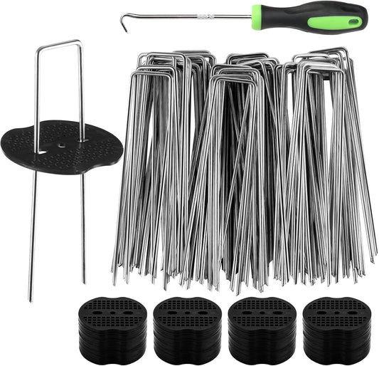 100pcs Garden Stakes Staples+100pcs Gasket, 6Inch 11 Gauge Galvanized Landscape Staples, Lawn Spikes,Heavy Duty Yard Ground Pin for Grass Weed Barrier Sod Fabric,Cover,Fence