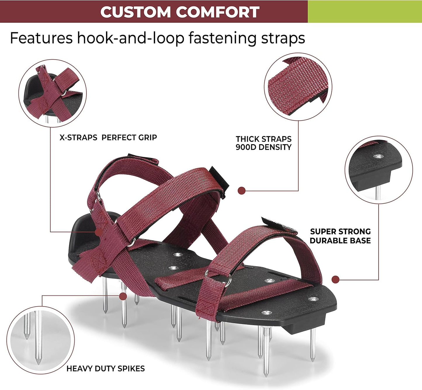 Lawn Aerator Shoes with Hook-and-Loop Straps, Pre-Assembled, Fully Adjustable, One-Size-Fits-All – Lawn and Garden Tool Reduces Thatch, Revives Soil Health (Maroon)