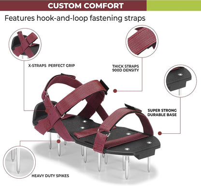 Lawn Aerator Shoes with Hook-and-Loop Straps, Pre-Assembled, Fully Adjustable, One-Size-Fits-All – Lawn and Garden Tool Reduces Thatch, Revives Soil Health (Maroon)