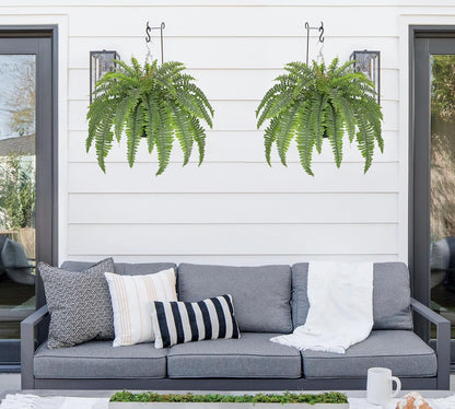 Hollyone 33" Artificial Boston Fern Hanging Basket Large 39 Leaves Fake Ferns in Rattan Pot Greenery Plants for Outdoors & Indoor Faux Fern Bush Basket Plant Patio Garden Home Decor Dusty Green