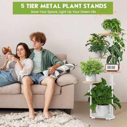 TOSKING 5 Tier Metal Plant Stand Indoor， Plant Shelf, Corner Shelf Flower Pot Stand for Outdoor Plant Stand for Living Room Balcony Garden Patio Bedroom (White and Wood, 42in)