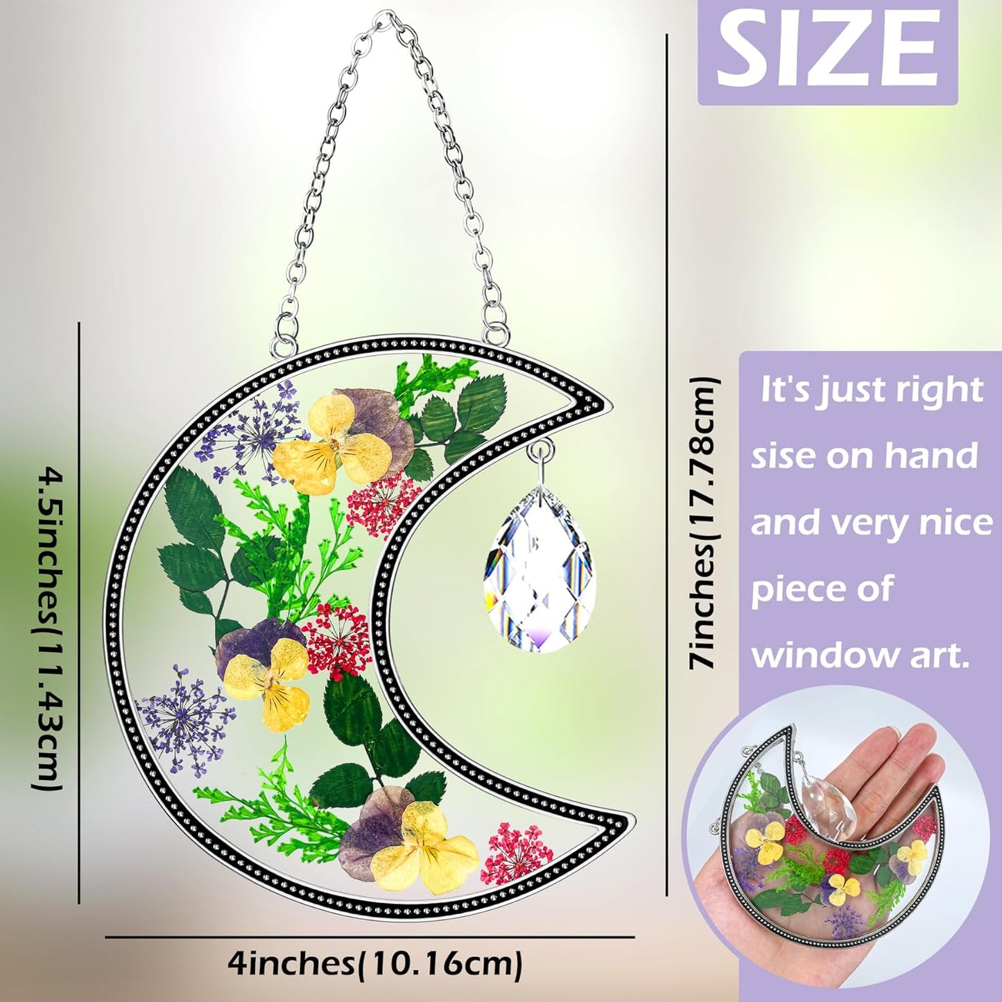 KY&BOSAM Moon Suncatcher Gifts for Mom Family Friends Stained Glass Suncatchers for Windows Hangings Wind Chimes with Real Flower Colorful Crystal Outdoor for Garden Indoor Home Christmas Trees Decor