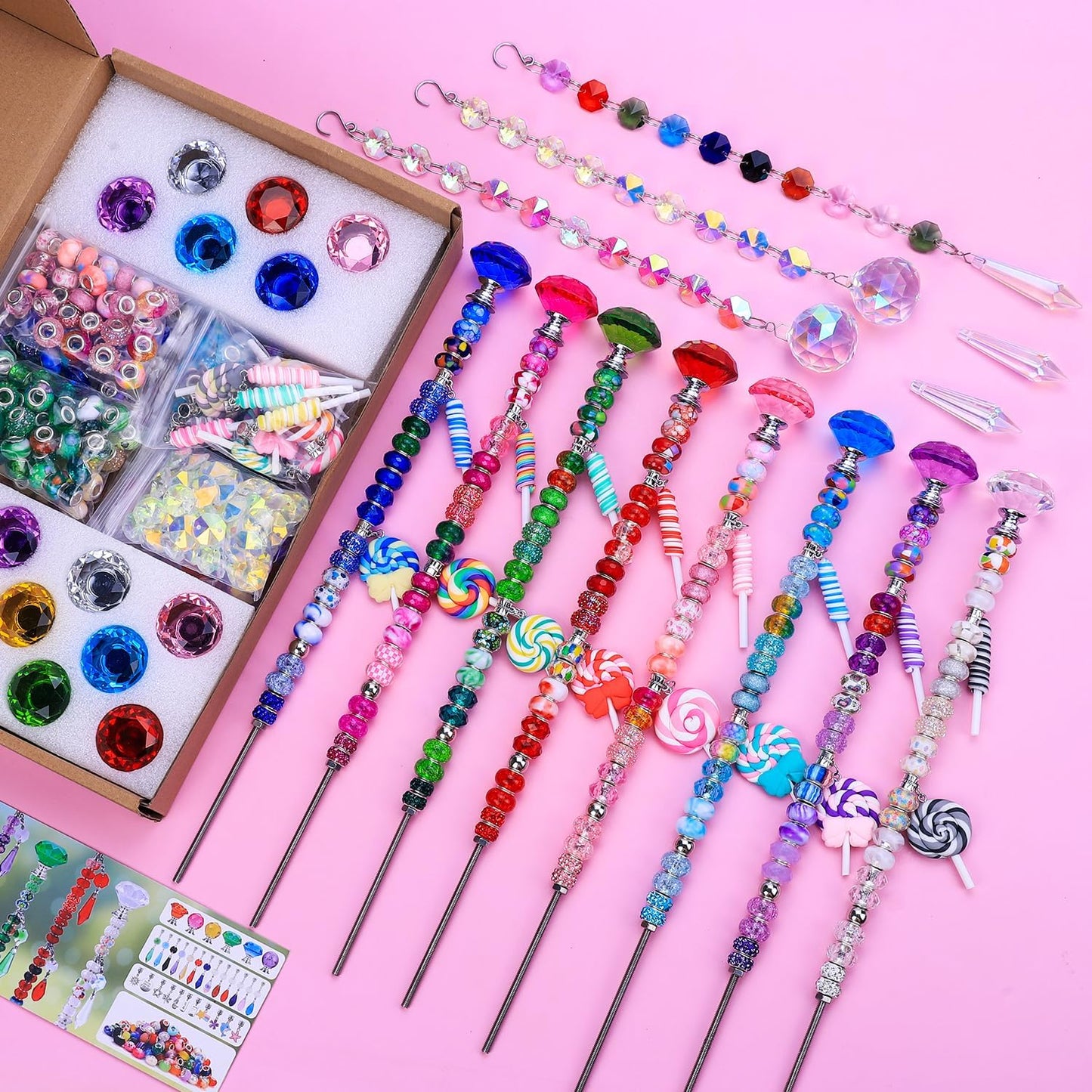 VICTLOV Crystal Suncatcher Making Kit, 400 Pieces with Beads, Snowflakes, Butterflies, Glass Balls for Garden Decoration, DIY Outdoor Hanging Ornaments (400Pcs Diamond+Pendant+Lollipop)