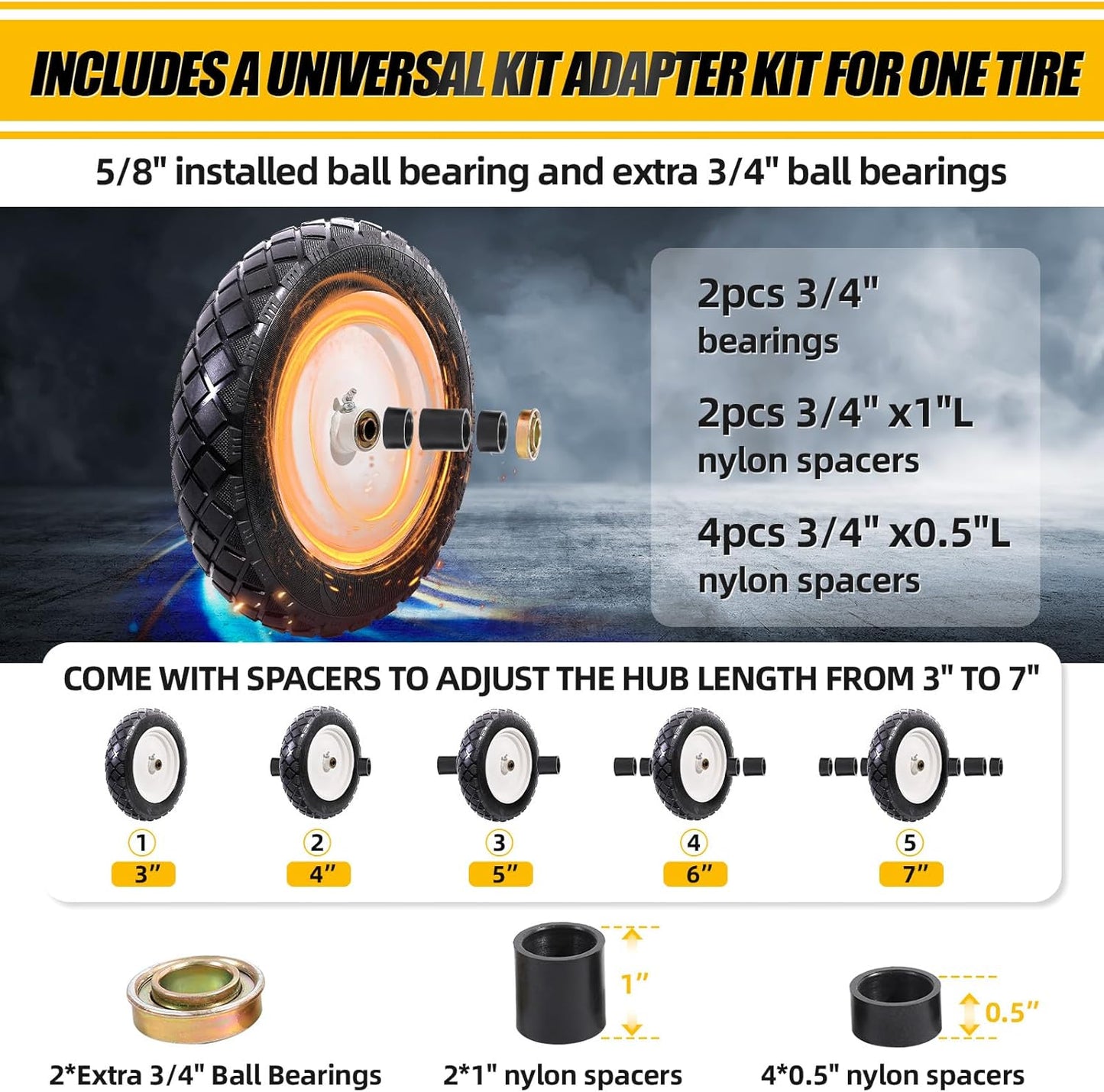 MZREXN 4.80/4.00-8" Flat Free Tire and Wheel 15" Solid Wheelbarrow Tires, 3.00-4.00/4.80-8" with 5/8" & 3/4" Bearings, 3" Centered Hub for Hand Truck Garden Trailers Utility Cart Yard Wagon 2PCS White