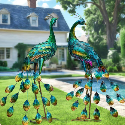 Kircust Metal Peacock Sculptures - Set of 2 Outdoor Garden Yard Art, Durable Weather-Resistant Lawn Statues, Hand-Painted, 30.7" H - Ideal for Backyard, Patio, and Porch Decor