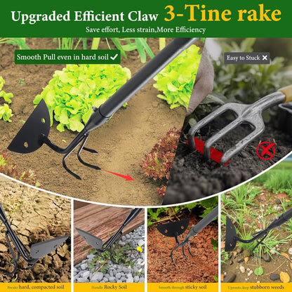 Garden Hoe - Heavy Duty 2 in 1 Hoe Garden Tool with Cultivator Claw Rake,75 Inch Long Handle Hoes for Weeding,Loosening Soil,Hand Weeder Tools for Indoor Outdoor Gardening,Planting,Cultivating,Digging