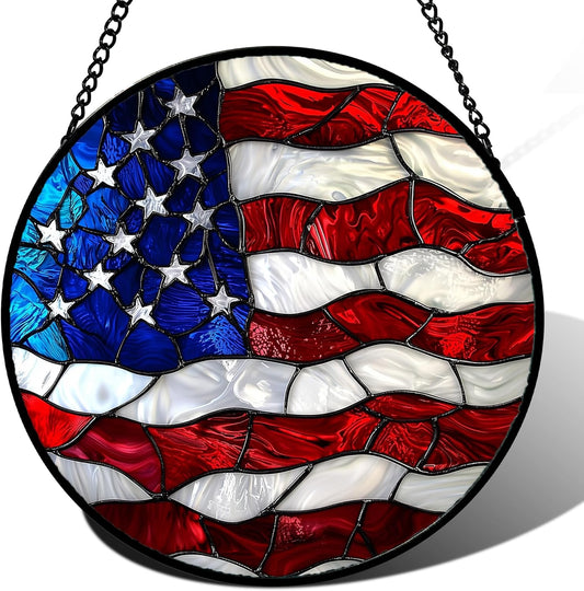 Stained Glass Window Hanging, Blue, White Red National Flag Pattern Sun Catchers Diamond Glass