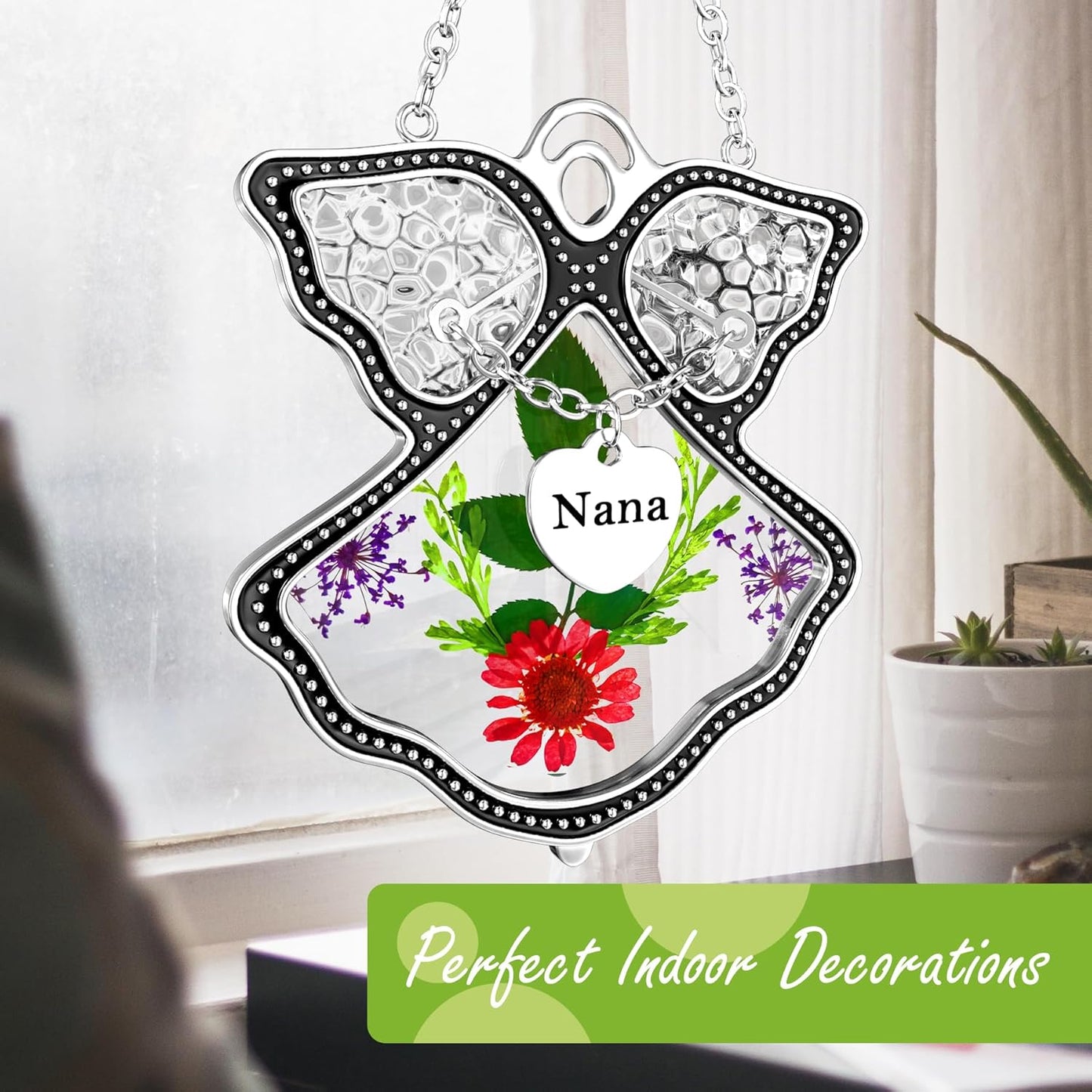 KY&BOSAM Angel Suncatcher Nana Stained Glass for Windows Hangings Wind Chime Home Decor with Pressed Flower in Glass and Metal Charm Birthdays Gifts for Women Nana Mothers Day Valentine's Christmas