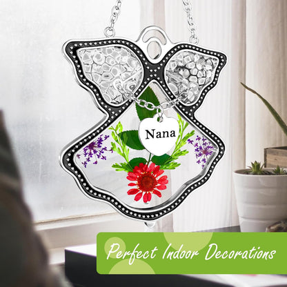 KY&BOSAM Angel Suncatcher Nana Stained Glass for Windows Hangings Wind Chime Home Decor with Pressed Flower in Glass and Metal Charm Birthdays Gifts for Women Nana Mothers Day Valentine's Christmas