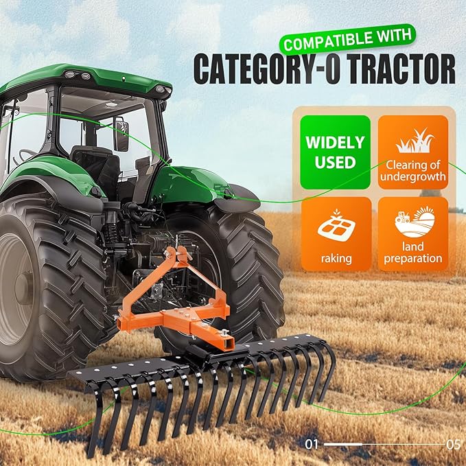 KUAFU 50" 3 Point Landscape Rock Rake for Category-0 Cat-0 Tractor with 360° Rotation Replaceable Spring Tines and Pin Hitch Rock Attach Rake Tow Behind Dethatcher for Garden Lawn Care, Farm, Grass