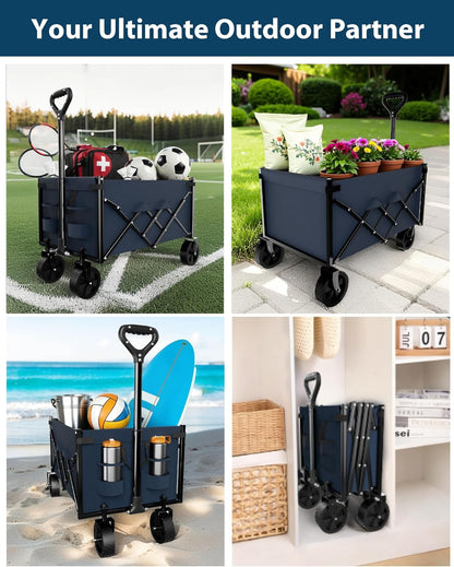 Lightweight Folding Wagon, Large Capacity Collapsible Grocery Cart on Big Wheels, Heavy Duty Foldable Shopping Carts, All-Terrain Outdoor Utility Carts, 3.5 Cu Ft, Blue