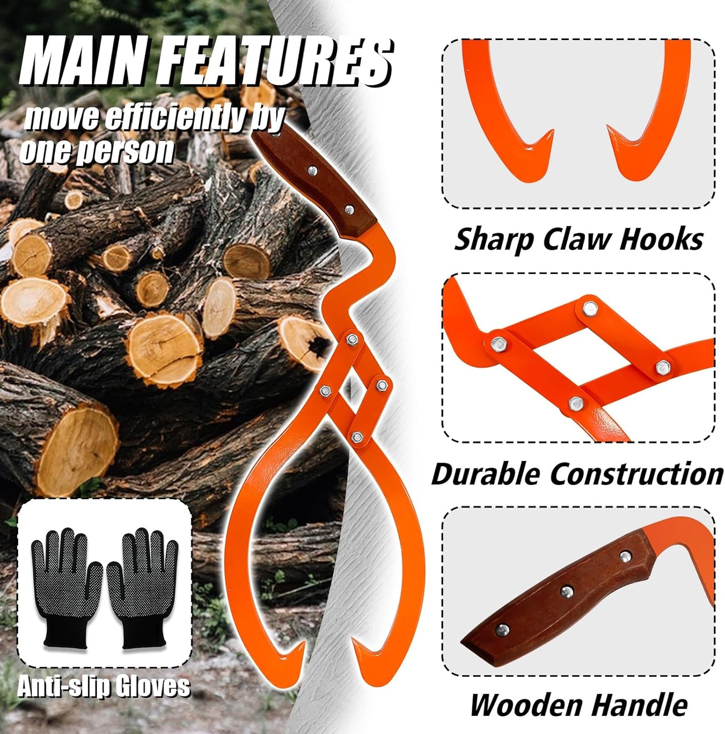 Log Tongs Grabber 12", 440LBS 2 Claw Logging Skidding Tongs Grapple Lifting, with Handle Non-Slip Grip Hook, Dragging Carrying Logging Tool Equipment