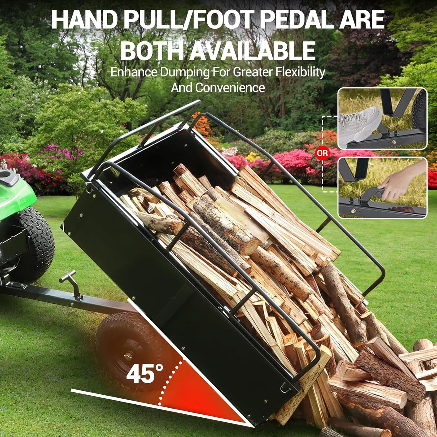 Heavy Duty Steel Dump Cart with 900 Lbs Capacity Utility Garden Trailer, Removable Sides, Tilt Bed, Foot-Operated Dump, 15 Cu Ft, Flatbed Dolly Gardening Cart with Tow Handle, TC002