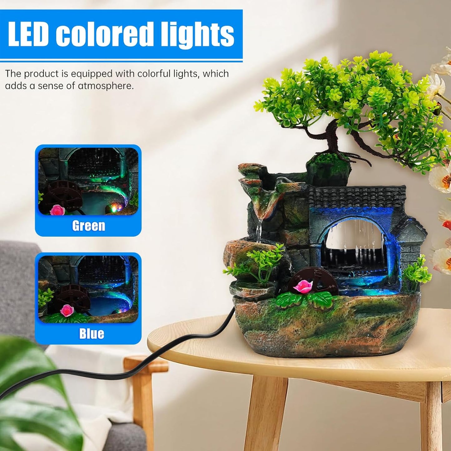 Tabletop Waterfall Fountain – 11 in Rockery Humidifier with Color-Changing LED Light, Adjustable Pump & Faux Bonsai Tree, Resin Indoor Desk Fountain Décor for Bedroom, Office, Aquarium, Meditation