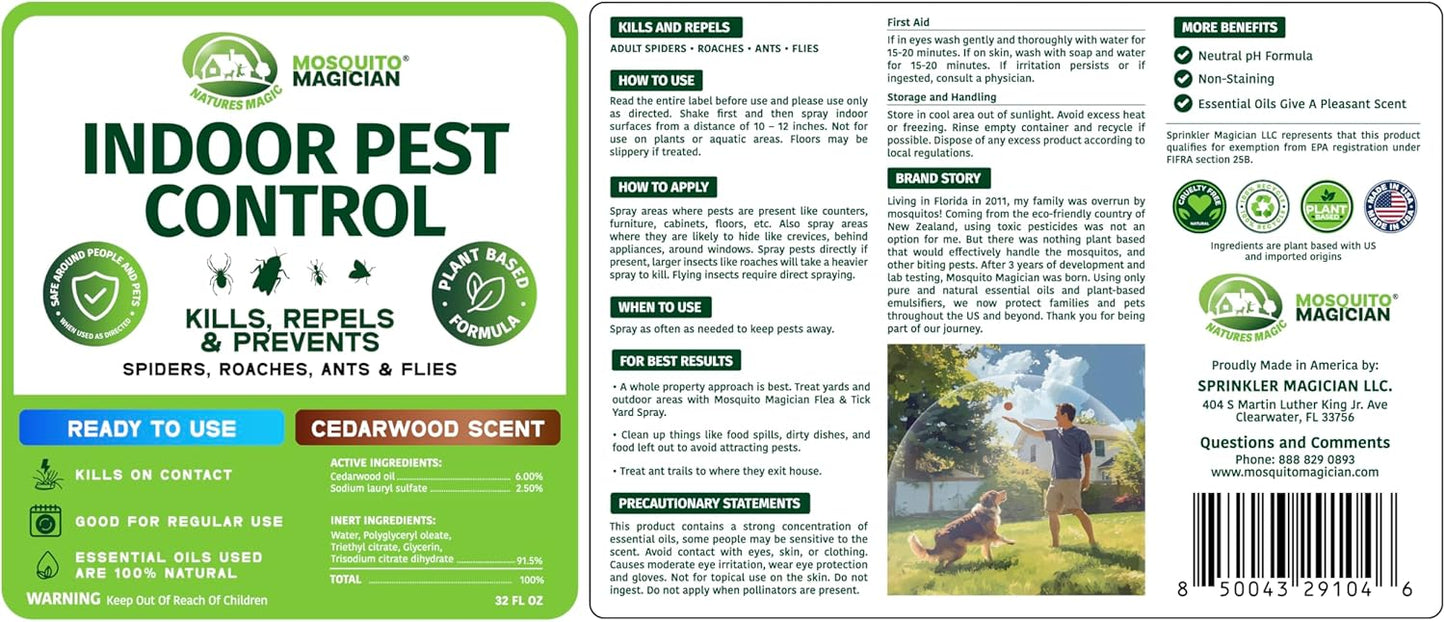 Mosquito Magician Indoor Pest Spray – Design for Indoor Use to Neutralize Spiders, Roaches, Ants & Flies with Plant-Sourced Essential Oils, Efficient Ready to Use Home Pest Spray – Cedarwood, 32 OZ