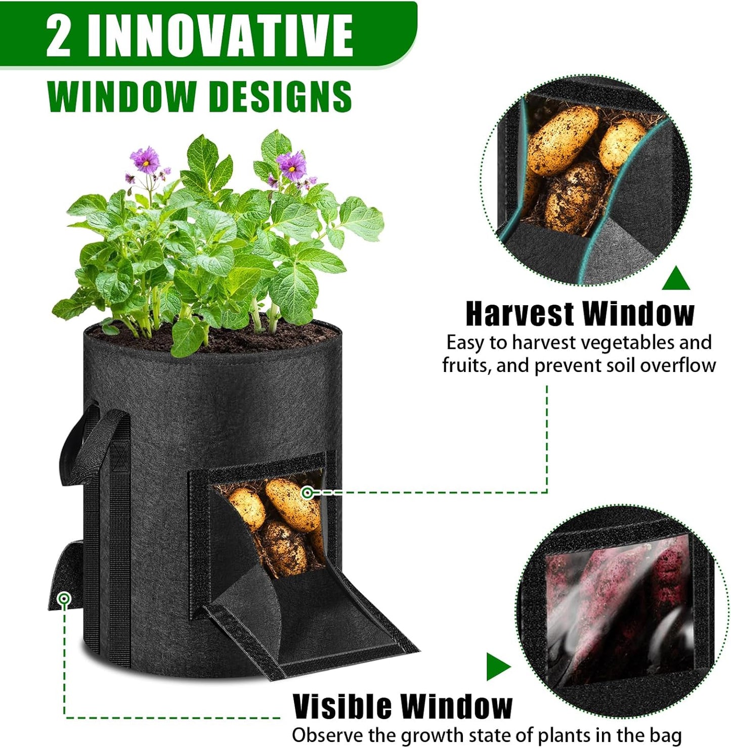 MJZ 3 Pack 15 Gallon Potato Grow Bags with Harvest Observation Windows, 380G Thickened Potato Bags for Growing Potatoes, Heavy Duty Nonwoven Fabric Garden Growing Containers to Grow Vegetable Tomatoes