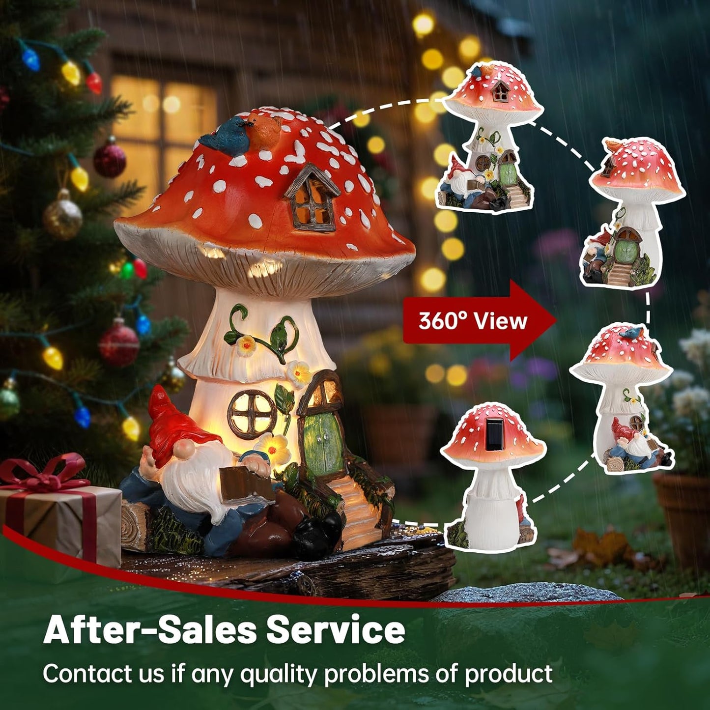 Solar Mushroom Gnome Reading Light, Weatherproof Resin Fairy Garden Figurine Decor Auto On/Off - Book Lover Gift for Pathway & Patio
