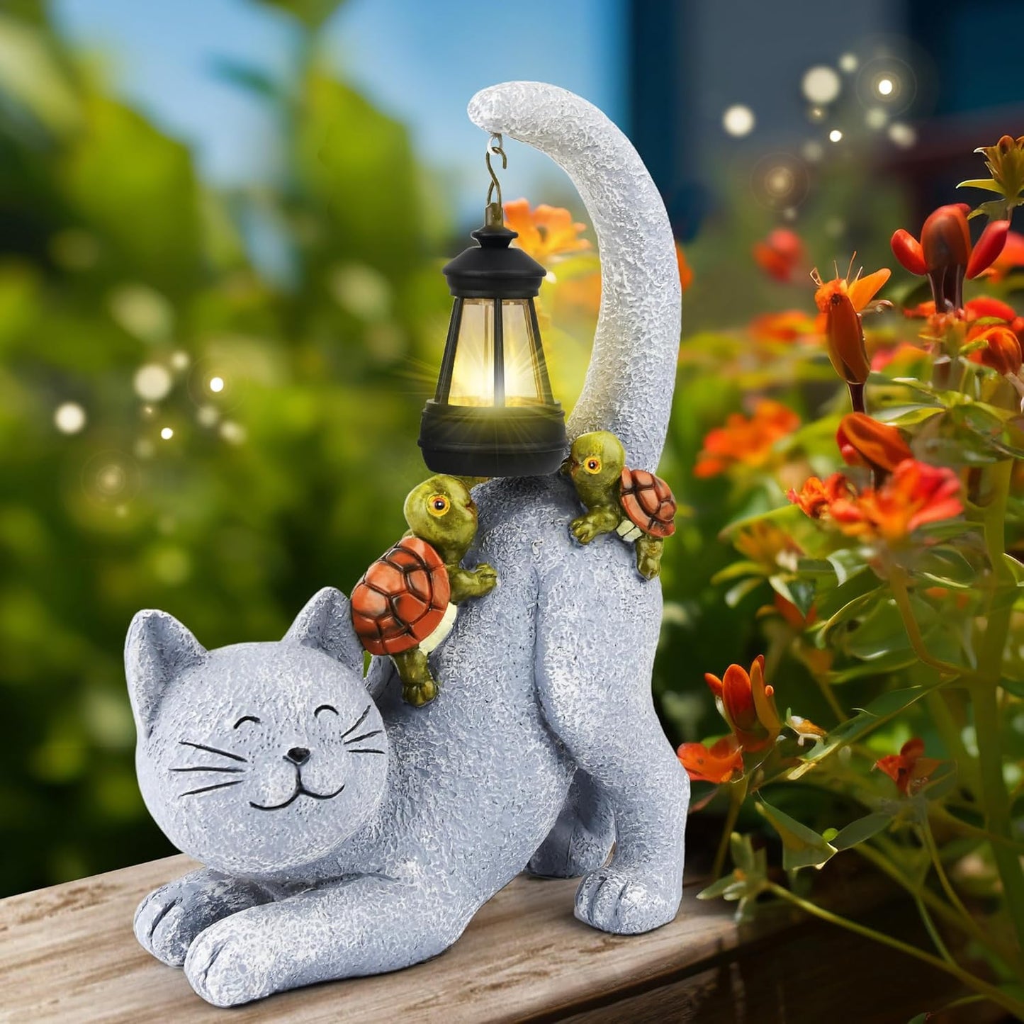Solar Garden Decor Cat Figurine-Cat Outdoor Statue with Solar Lantern, Loving Turtle Garden Decor for Outside Patio,Porch,Yard, Backyard-Unique Housewarming Gifts for Mom Grandma Women