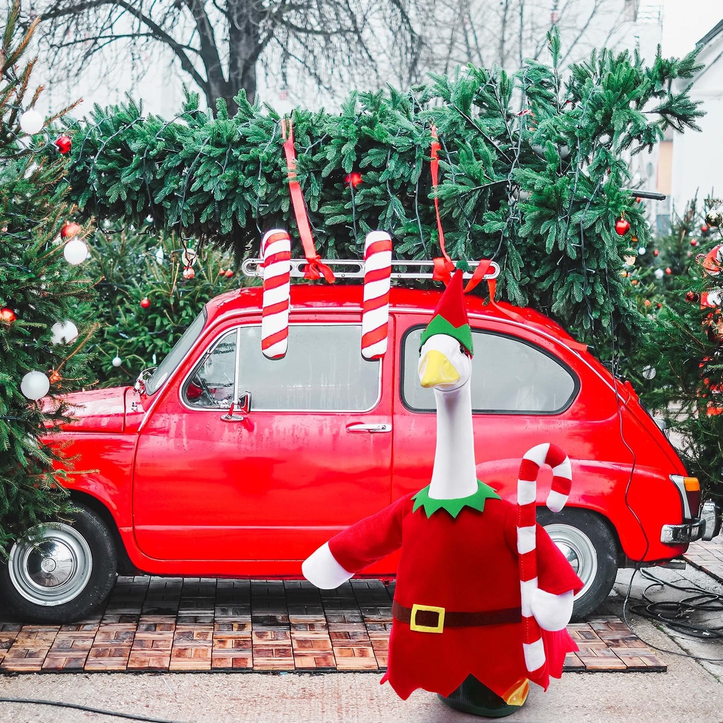 Christmas Toy Soldier Style Porch Goose Outfits,2 Pcs/Set Goose Clothes with Pointed Hat and Candy Cane Fits 23" Lawn Goose Statue,Red Christmas Outdoor Goose Costume,Yard Patio Garden Xmas Decor
