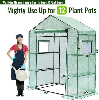 Greengro Greenhouse, 28 x 57 x 76'' Greenhouses for Outdoors, Small Plant Green House with Screen Windows, 3 Tiers 4 Shelves, Durable PE Cover, Plastic Portable Wall in Greenhouses for Outside Indoor