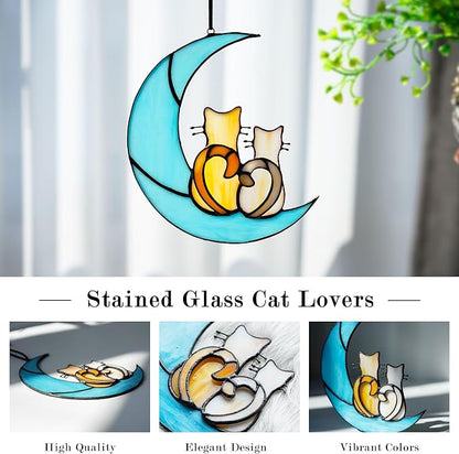 HDCRYSTALGIFTS Couple Cat Sitting on Moon Stained Glass Window Hanging, Modern Art Suncatcher for Window, Wall Decor,Cat Lover Gifts for Women/Girls
