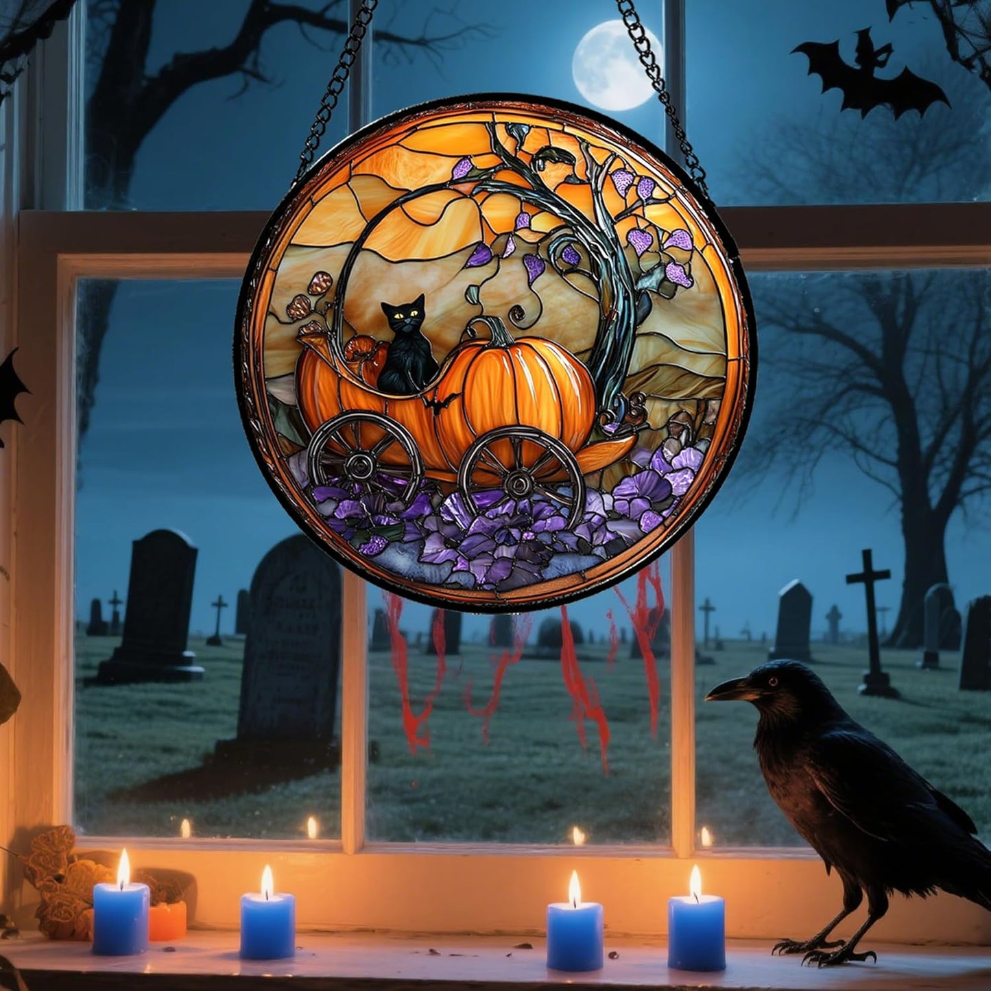 Stained Glass Window Hanging - Halloween Pumpkin Carriage Black Cat Suncatcher for Doors Window Garden Spooky Sun Catchers Gothic Decor Horror Gifts for Women Men Friend Boy Girl 9.8 in