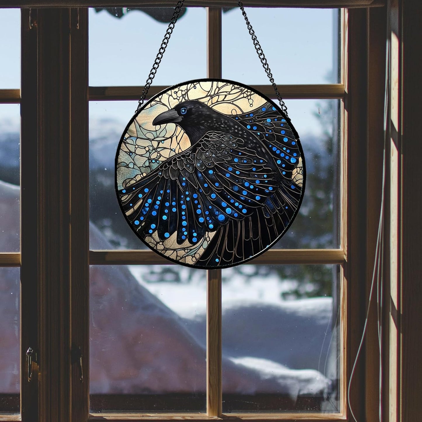 Stained Glass Window Hanging - Black Crow Big Wings Suncatcher for Doors Garden Patio Bird Sun Catchers Decor Christmas Mother's Day Birthday Gifts for Women Men Mom Nana Friend 9.8 in