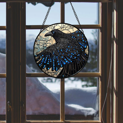 Stained Glass Window Hanging - Black Crow Big Wings Suncatcher for Doors Garden Patio Bird Sun Catchers Decor Christmas Mother's Day Birthday Gifts for Women Men Mom Nana Friend 15 in