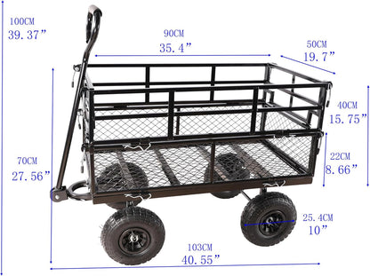Heavy Duty Garden Wagon with Foldable Sides, Pneumatic Tires, Adjustable Handle (Black Double Layer)