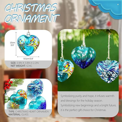 Set of 3 Handmade Glass Heart Ornaments 3.9 Inch Blue Friendship Heart Decor for Garden Home Centerpiece