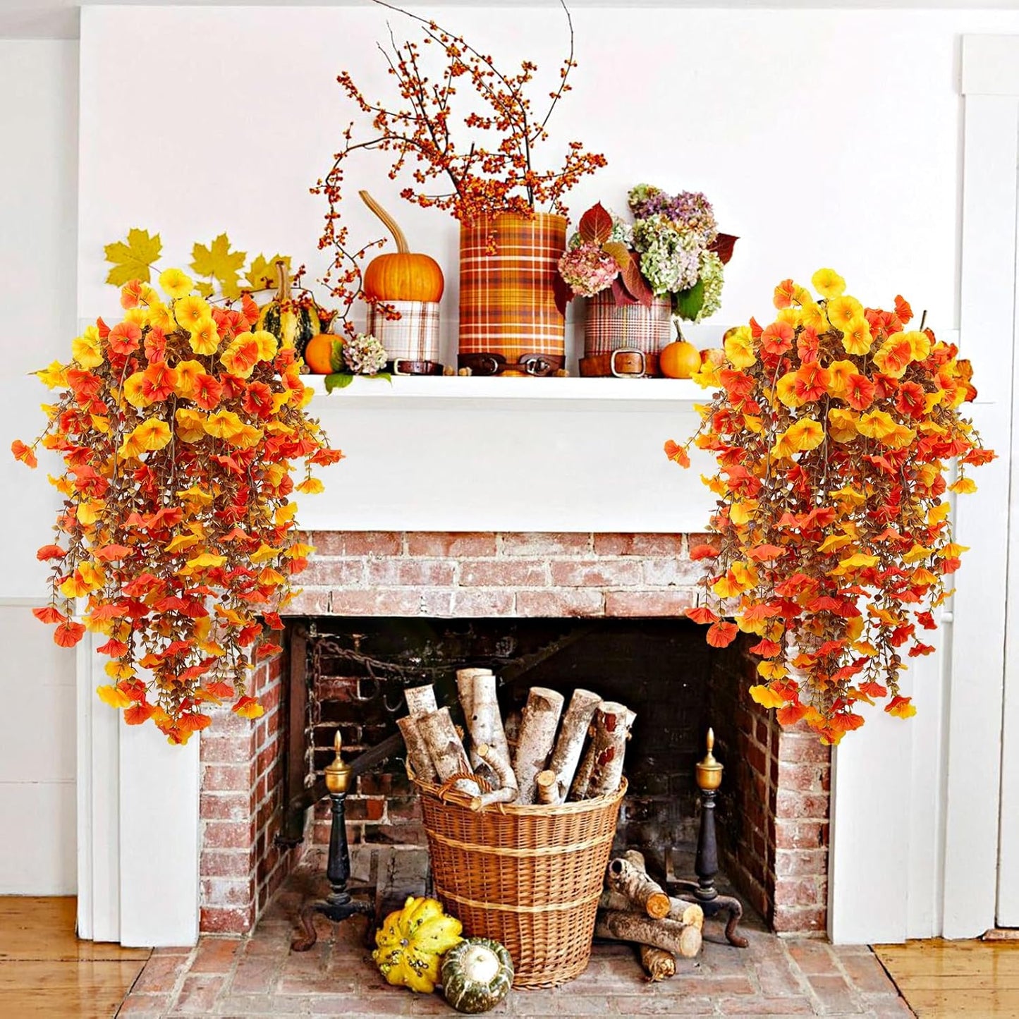 4 Pack Fall Artificial Faux Hanging Flowers Plant for Outdoor, Autumn Fake Silk Morning Glory with Eucalyptus UV Resistant Realistic Trailing Vine for Wall Home Porch Patio Balcony Yard Indoor Decor