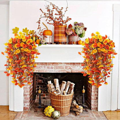 4 Pack Fall Artificial Faux Hanging Flowers Plant for Outdoor, Autumn Fake Silk Morning Glory with Eucalyptus UV Resistant Realistic Trailing Vine for Wall Home Porch Patio Balcony Yard Indoor Decor