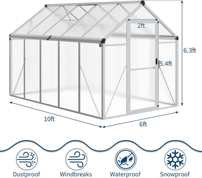 6x10 FT Greenhouse for Outdoors, Polycarbonate Flower Greenhouse with Roof Vent, Push-Pull Lockable Door, Aluminum Walk-in Greenhouses for Outside Garden Backyard, Patio, Lawn, Silver