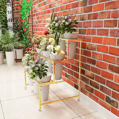 Flower Display Stand With 12PCS Buckets, 3 Layers Metal Plant Stand with Wheels, Heavy Duty Moving Plant Cart Shelf, for Indoor, Outdoor Patio Garden, Living Room, Florist (White - Round Bucket)