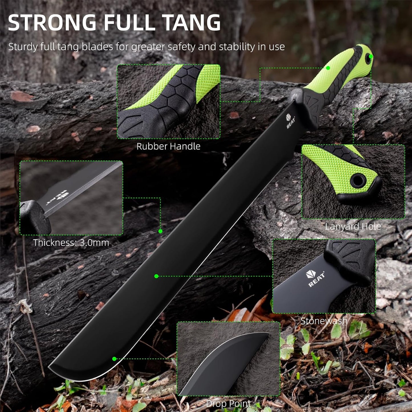 REAT Gardening Heavy Duty Machete,24" Full Tang Machete with Shaeth,Ergonomic No-Slip Handle,Machetes for Bushcraft, Outdoor Hunting, Garden Cutting Trees and Yard Work (Green)