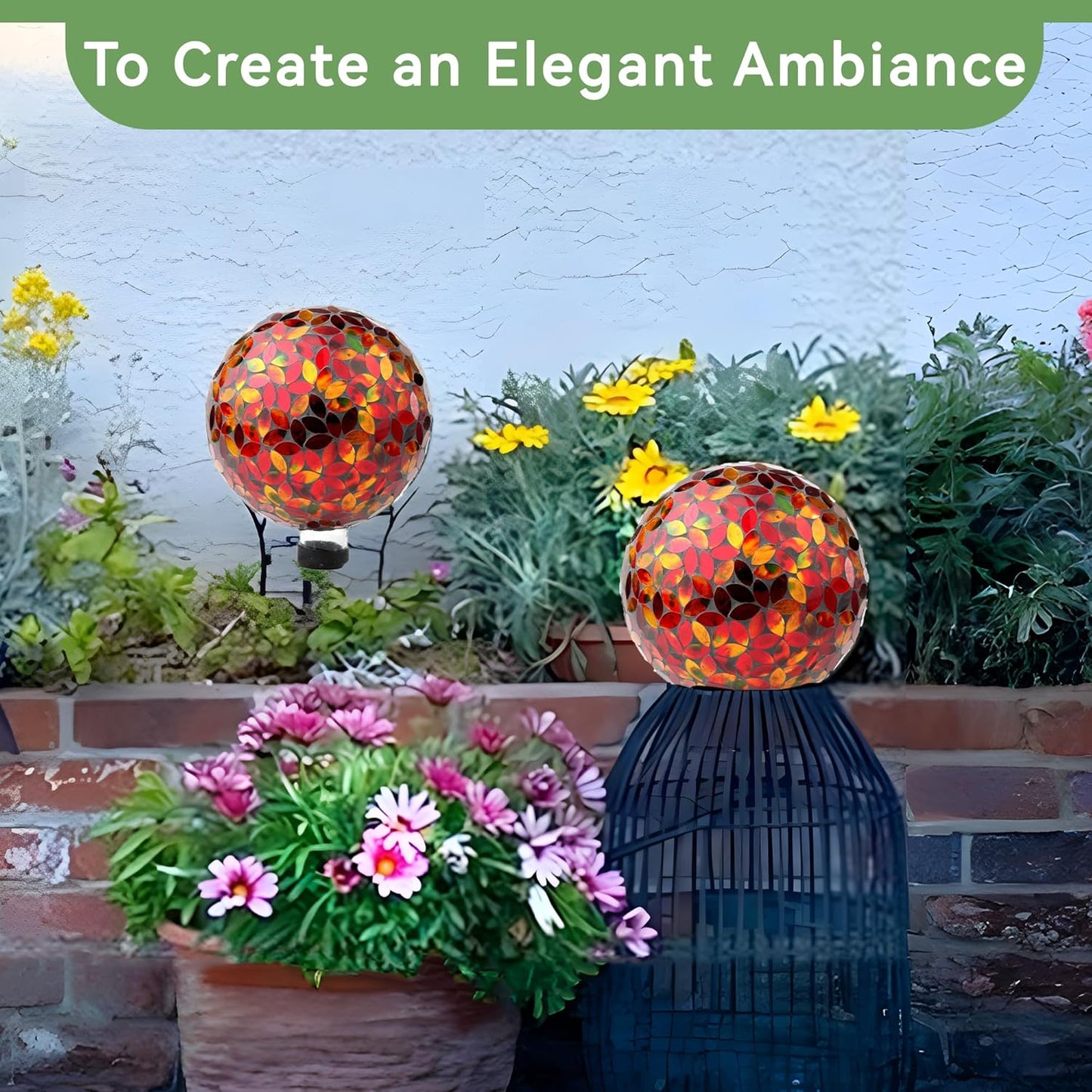 Lily's Home Colorful Mosaic Glass Gazing Ball, Designed with a Stunning Holographic Petal Mosaic Pattern to Bring Color and Reflection to Any Home and Garden, Red and Gold (10" Diameter)