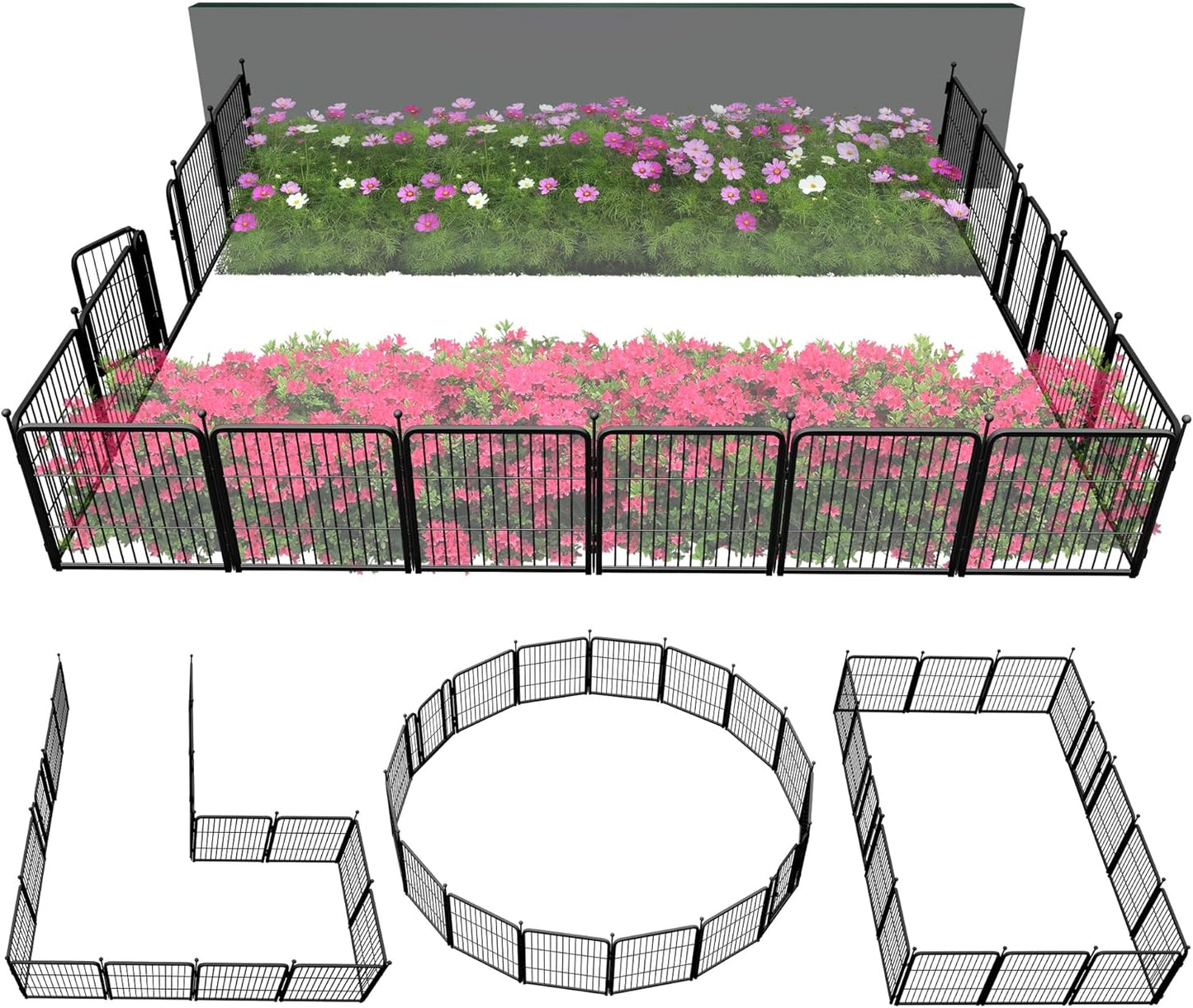 FXW Garden Fence Outdoor for The Yard – 24in(H) x 30.4ft(L) Heavy Duty Metal Animal Barrier for Dog and Rabbit, Decorative Dog Fence, 16 Panels, Black