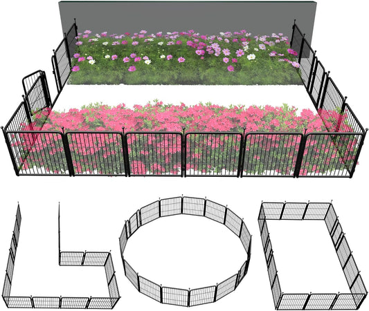 FXW Garden Fence Outdoor for The Yard – 24in(H) x 30.4ft(L) Heavy Duty Metal Animal Barrier for Dog and Rabbit, Decorative Dog Fence, 16 Panels, Black