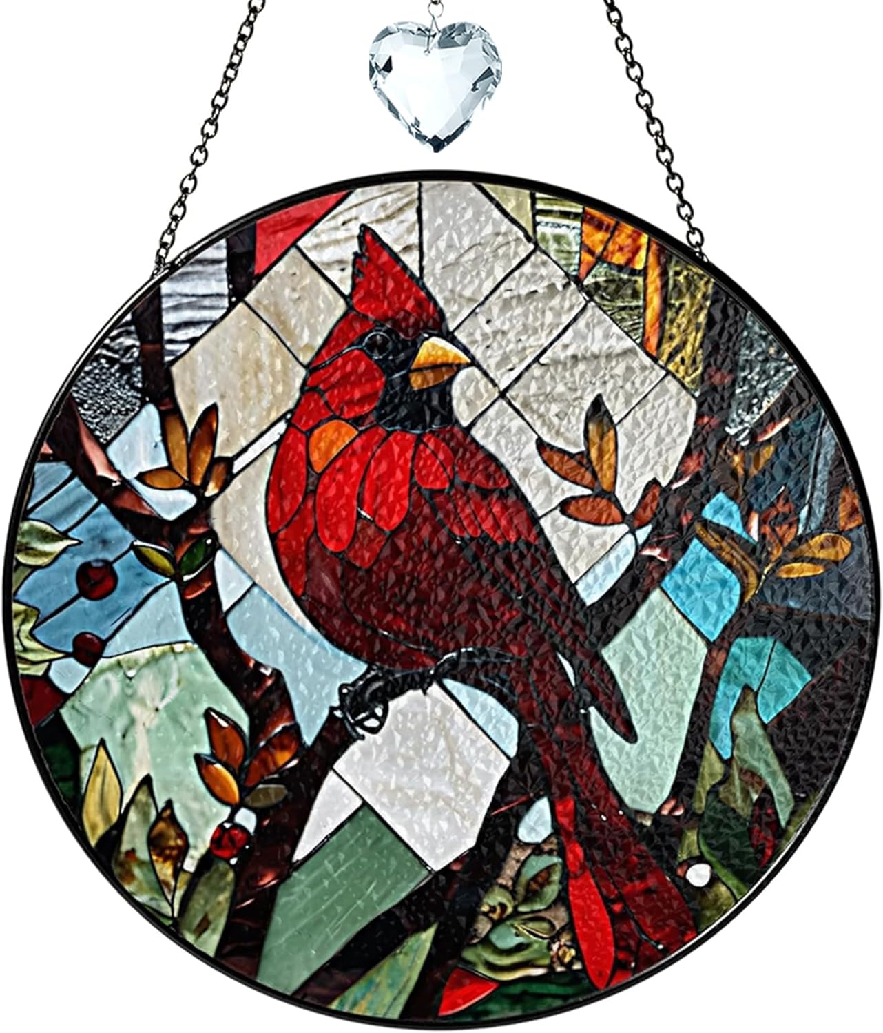 6" Red Cardinal Stained Glass Suncatchers Art Glass Cardinal Birds for Sun Catcher Indoor Gifts for Pet Animal Nature Floral Lovers Women Grandma Mom Friend Painted Panel Décor BIRD-05B-SG6