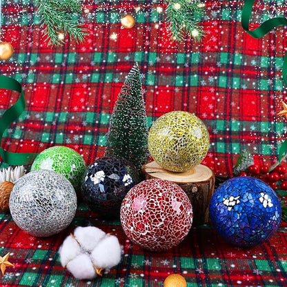 3 Pack Blue Decorative Orbs Mosaic Crack Glass Balls Decor Solid Sphere Globe Bowl Vase Fillers Holiday Living Room Mantle Basket Centerpiece 3.35 Inch