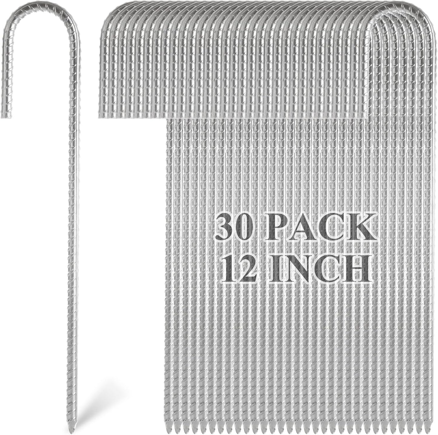 CertBuy 30 Pack Rebar Stakes 12inch, Galvanized Rebar Stakes J Hook, Heavy Duty J Hook Ground Anchors, Curved Steel Support Garden Stake with Chisel Point end for Canopies, Sheds, Swing Sets