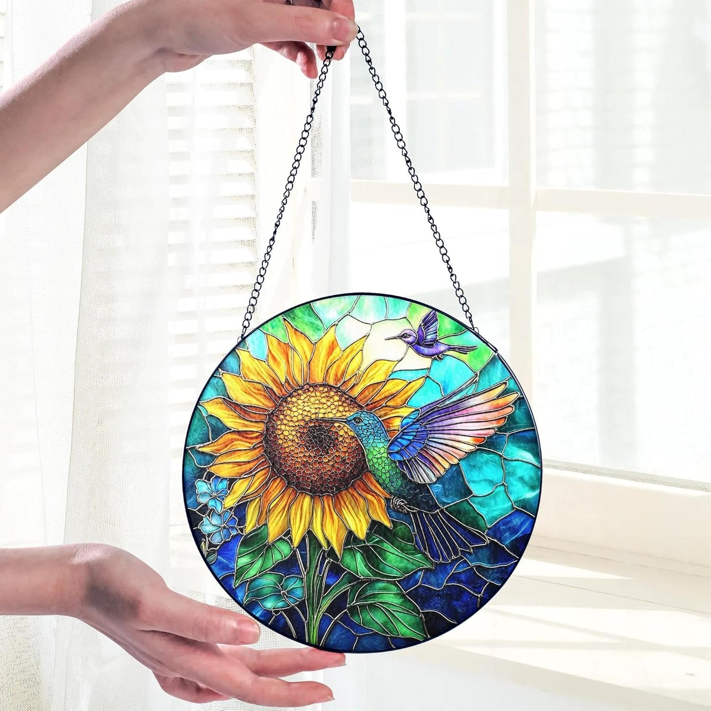 Hummingbird Stained Glass Suncatcher – Sunflower Window Decor, Memorial Hanging Ornament, Bird Lover Gift for Women Adults, Mom, Grandma, Friends, Christmas & Birthday Gifts, Mother’s Day Present
